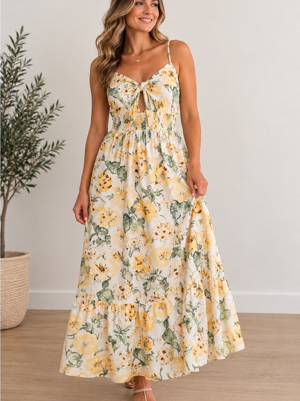 Grace Karin White Floral Maxi Dress with Yellow Blooms XL